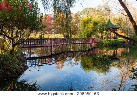 A calm pond reflecting a red bridge and Japanese gazebo in a park like setting during fall in California.
