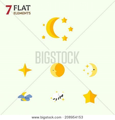 Flat Icon Night Set Of Night, Starlet, Lunar And Other Vector Objects