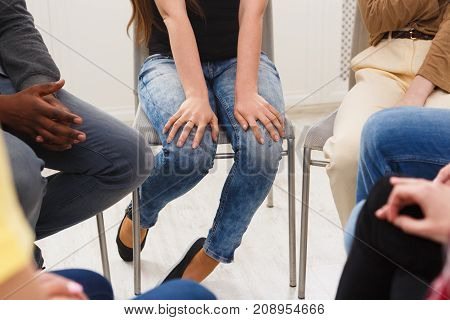 Trust circle. Company of unrecognizable people sitting together. Meeting of support group, copy space
