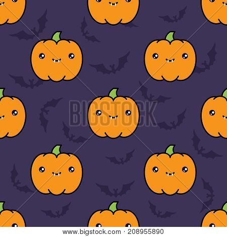 Seamless halloween pattern background with pumpkins on dark violet background with silhouettes of flittermouse. Vector illustration.