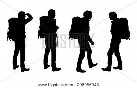 Set of realistic vector silhouettes of tourist men with backpack isolated on white background