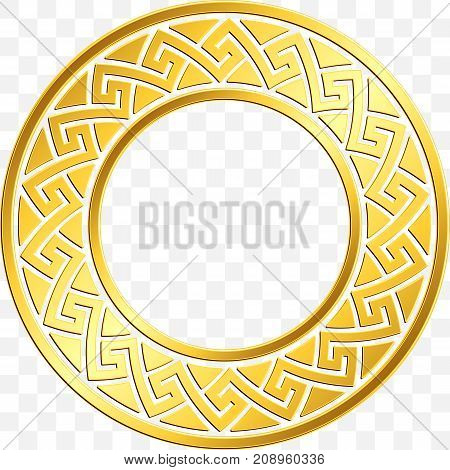 Round frame with traditional vintage Golden Greek ornament, Meander pattern on transparent background. Gold pattern for decorative tiles
