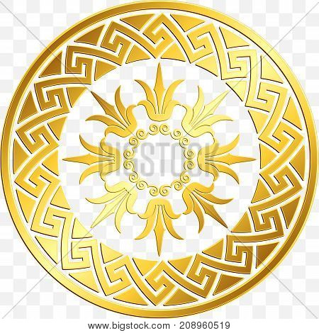 Traditional vintage Golden round Greek ornament, Meander and floral pattern on transparent background. Gold pattern for decorative tiles