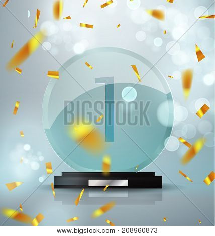 Glass Trophy Award. First Place Prize Plaque. Festive Illustration With Prize And Trophy Winner. Gol