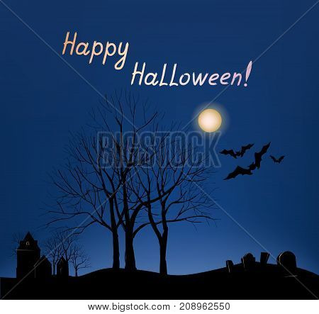 Happy Halloween greeting card background. Holiday landscape with grave yard