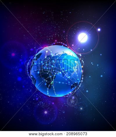 Planet Earth surrounded communication lines. Neon effect. Business network concept.