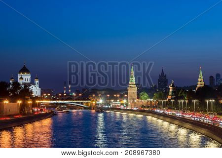 moscow cityscape view of Moscow Kremlin and embankment of Moscow river in Moscow Russia sunset view