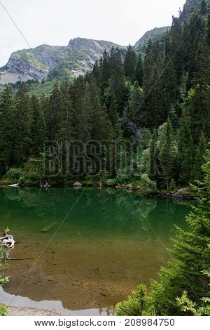 Small Forest Lake In Alpen Mountains, Place For Relaxation And Tranquil Vacation