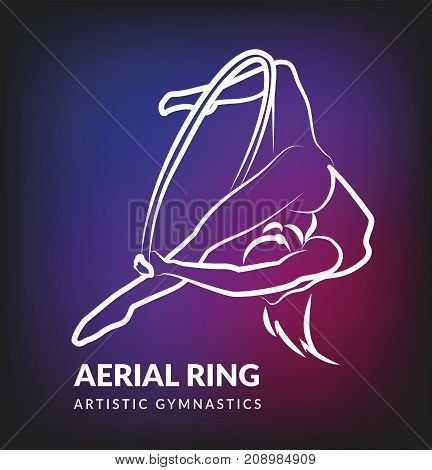Woman gymnast aerial ring, line design. Aerial hoop. Beautiful dance sport and fitness logo.