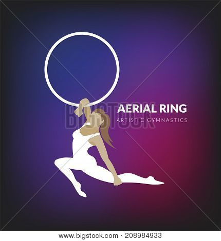 Woman gymnast aerial ring. Aerial hoop. Beautiful dance sport and fitness logo vector.