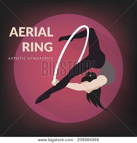 Woman gymnast aerial ring. Aerial hoop. Beautiful dance sport and fitness logo.
