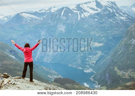 Tourist Woman On Dalsnibba Viewpoint Norway