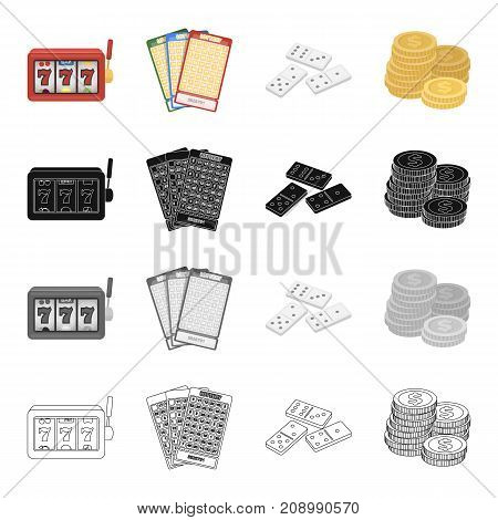 A slot machine in a casino, a lottery ticket, a domino, a pile of coins. Casino set collection icons in cartoon black monochrome outline style vector symbol stock isometric illustration .