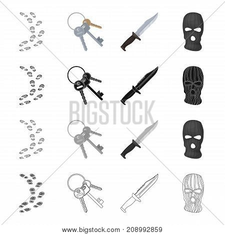 Footprints on the ground, a bunch of skeleton keys, a knife, a mask of a criminal. Prison set collection icons in cartoon black monochrome outline style vector symbol stock isometric illustration .