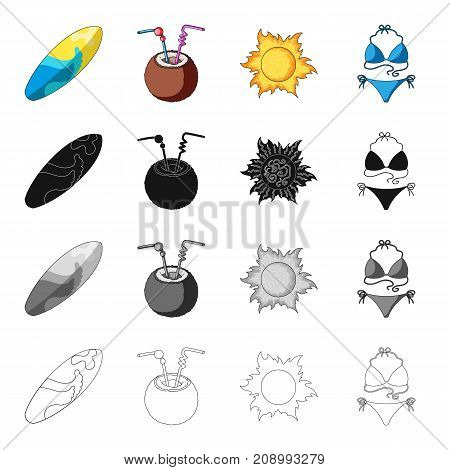 Board for surfing, cocktail on vacation, summer sun, swimsuit. Summer rest set collection icons in cartoon black monochrome outline style vector symbol stock isometric illustration .