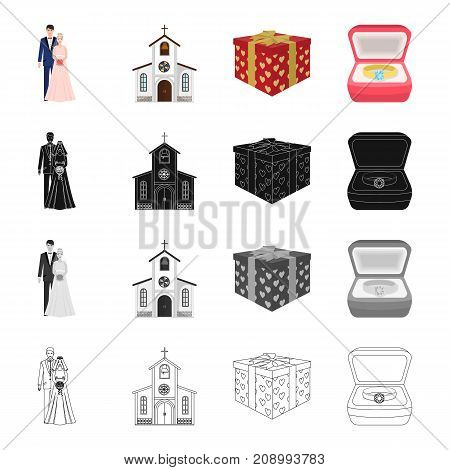 A married couple, a church, a wedding gift, an engagement ring. Wedding set collection icons in cartoon black monochrome outline style vector symbol stock isometric illustration .
