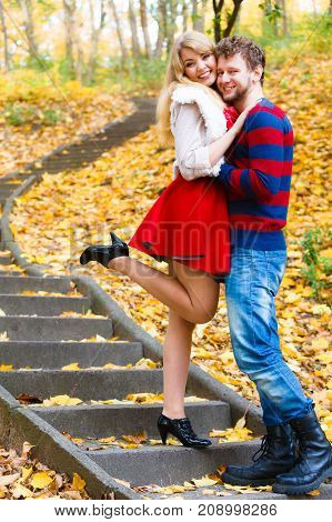 Romantic Pair Meet In Park Standing On Stairs.