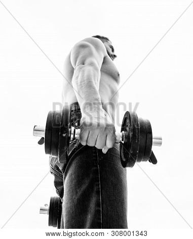 Healthy Lifestyle. Athletic Body. Dumbbell Gym. Fitness And Sport Equipment. Man Sportsman Weightlif