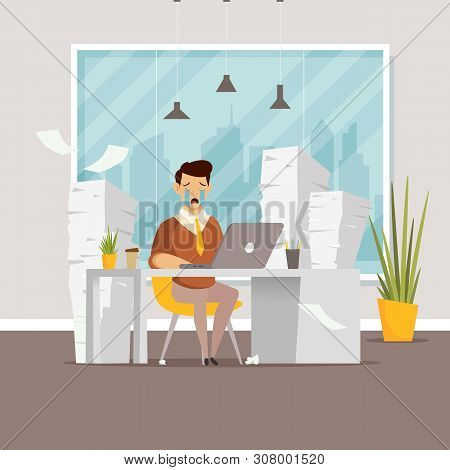 Lot Of Work. Man Overwork In Office. Business Man Sitting At Computer Desk With Stack Of Documents. 