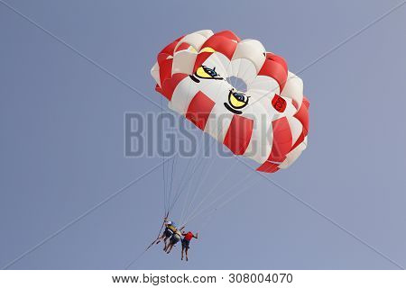 Paraglider With A Saddle For People. Parasales - Water Parachutes. Bright Colours.