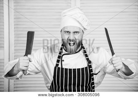 Chef Choose Professional Tools. Chef Hold Cleaver Knife Tool Ready To Chop Ingredients. Man Wear Apr