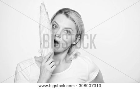 Healthy Teeth. Hunger. Agriculture And Cultivation. Corn Crop. Vitamin And Dieting Food. Happy Woman