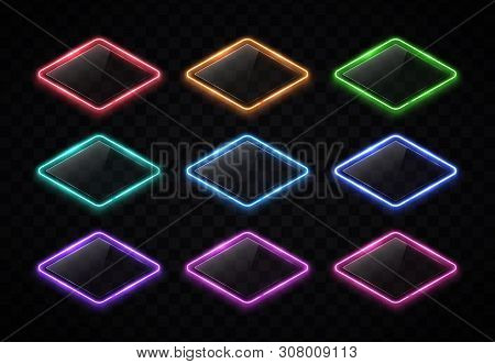 Color Led Lamp Electric Lozenge Signs Set With Shiny Plastic Plate On Transparent Background. Night 