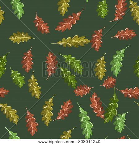 Oak Autumn Leaf Vector Seamless Pattern Autumn Dark Green Forest Background For Decoration And Inter