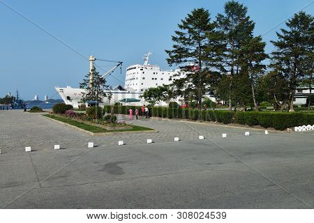 Wonsan, North Korea - May 3, 2019: Moored Ship At The Pier And The Promenade Of The Japanese Or East
