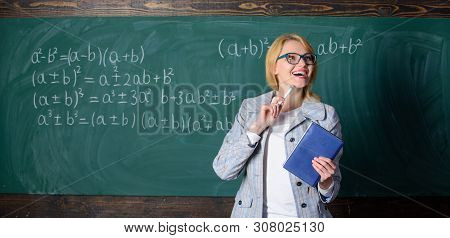 Teacher Smart Woman With Book Explain Topic Near Chalkboard. What Makes Great Teacher. School Teache