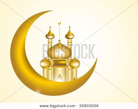 Immagine 3D della moschea con la luna in colore dorato per la festa musulmana. EPS 10. isolato in bianco.