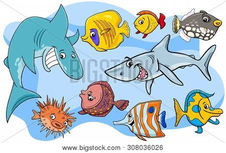 Cartoon Illustrations Of Fish Sea Life Marine Animal Characters Group