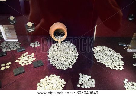 Antalya, Turkey - May 20, 2019: Silver Coins Poured Out Of A Clay Pot