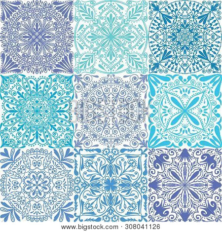 Vector Retro Blue Symmetrical Tiles Seamless Pattern Background.