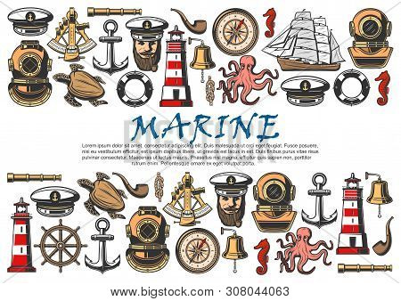 Marine Ship, Nautical Anchor, Helm And Vintage Compass Vector Banner. Sailing Boat, Sea Captain And 