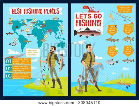 Fishing Sport Infographics With Vector Fisherman Equipment And Fish Catch Charts. Fisheries World Ma