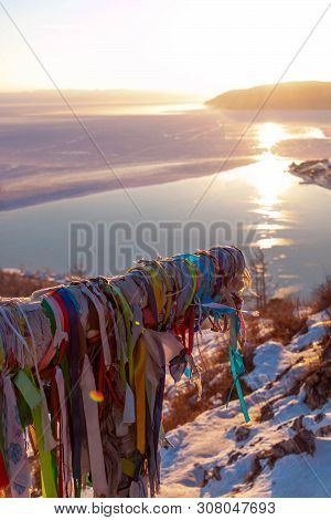 Headwaters Of Lake Baikal In Evening Sunset Light; View From High Observation Spot In Winter Season;