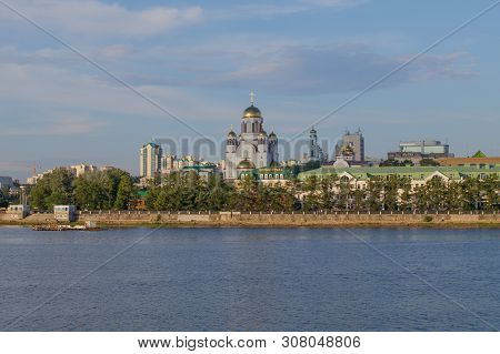 Yekaterinburg, Russia, June 23, 2019. Summer City Landscape. View Of The River Iset And The Church O
