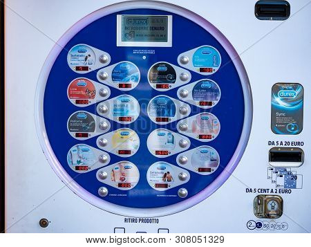 Como, Italy- May 30, 2019: Electronic Durex Condom Machine