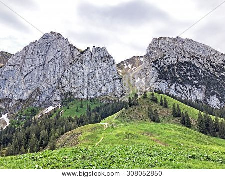 Bockmattlistock And Schiberg Mountains Above The Valley Wagital Or Waegital And Alpine Lake Wagitale
