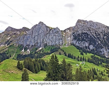 Bockmattlistock And Schiberg Mountains Above The Valley Wagital Or Waegital And Alpine Lake Wagitale