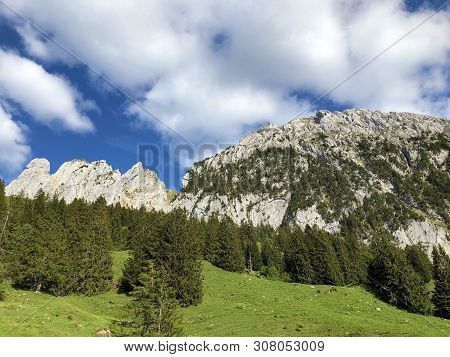 Bockmattlistock And Schiberg Mountains Above The Valley Wagital Or Waegital And Alpine Lake Wagitale
