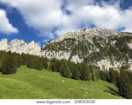 Bockmattlistock And Schiberg Mountains Above The Valley Wagital Or Waegital And Alpine Lake Wagitale