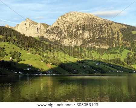 Bockmattlistock And Schiberg Mountains Above The Valley Wagital Or Waegital And Alpine Lake Wagitale