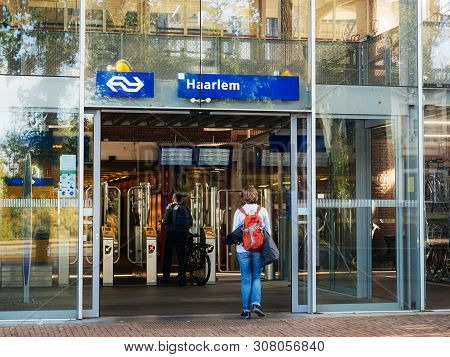 Haarlem, Netherlands - Aug 20, 2018: Haarlem Central Train Station Entrance From Kennemerplein 6 Str