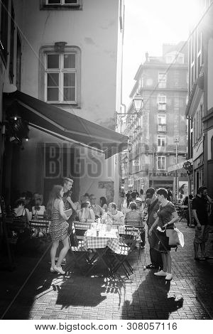Strasbourg, France - July 22, 2017: Large Group Of People On Outdoor Restaurant Cafe Terrace On 6 Ru