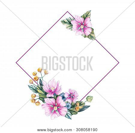 Watercolor Illustration With Square Frame Of Wild Flowers For Wedding. Floral Card With Pink Flowers