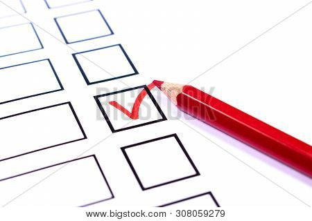 White Bulletin With Checkboxes And Red Pencil And Tick Drawn As Positive Selection Signs. Elections,