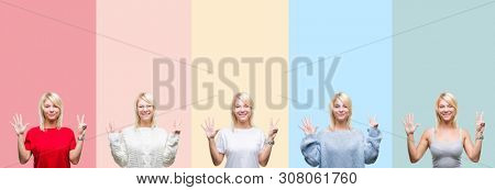 Collage of beautiful blonde woman over colorful stripes isolated background showing and pointing up with fingers number seven while smiling confident and happy.