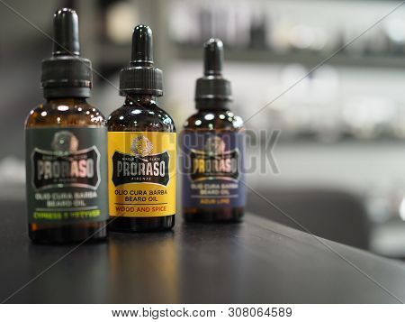 Russia, Saratov - 24 November 2018. Oil For The Care Of The Beard In Barbershop